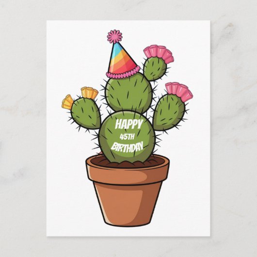 cactusvijg in pot met verjaardagshoed briefkaart (Voorkant)