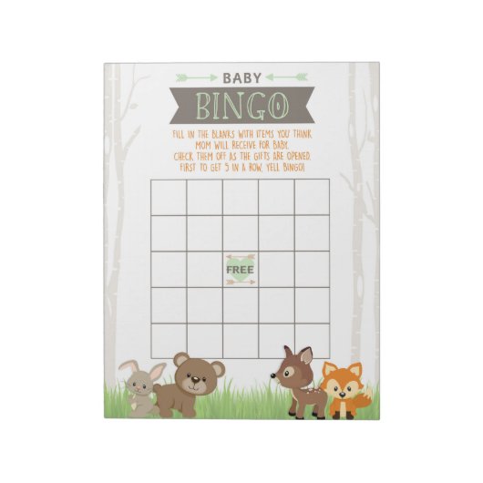 Cadeau Bingo Woodland Animals Baby shower Game Pac Notitieblok (Linkerzijde)