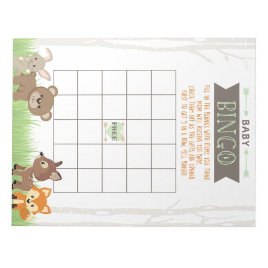 Cadeau Bingo Woodland Animals Baby shower Game Pac Notitieblok (Voorkant)