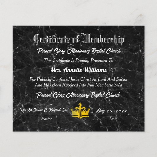 Cadeau Glory Baptist Church Certificaat (Voorkant)