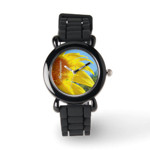 Cadeau horloges Voeg uw naam toe Gele zonnebloem b