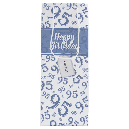 Cadeau Label Birthday 95 Random Number Pattern Blu Wijn Cadeautas (Voorkant)