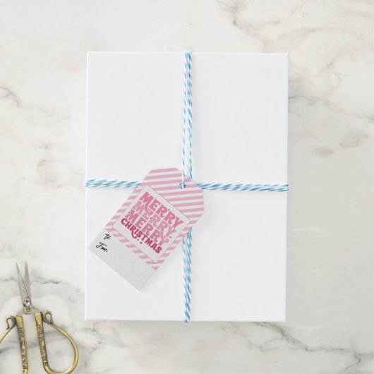 Cadeau label Roze Gestreept Vrolijk kerstfeest naa Cadeaulabel (Met Touw)