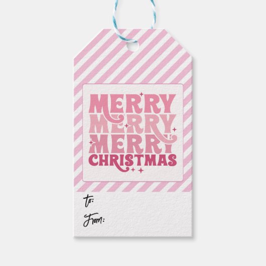 Cadeau label Roze Gestreept Vrolijk kerstfeest naa Cadeaulabel (Voorkant)