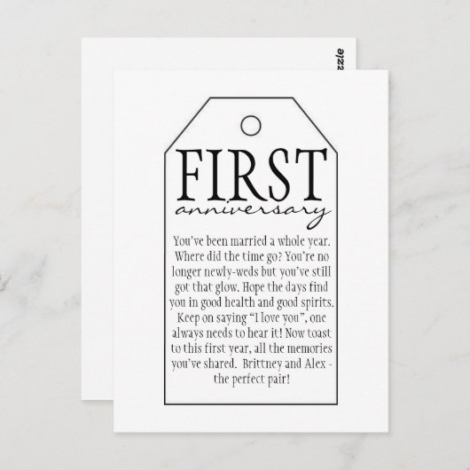 Cadeau Label voor wijnfles - Eerste Jubileum Briefkaart (Voorkant / Achterkant)