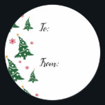 Cadeau labels w / Dancing Green Christmas Trees<br><div class="desc">Kerstbomen afgewisseld met rode sneeuwvlokken lijken links in dit ontwerp te dansen. De woorden "To:" en "From:" zijn in de juiste spaties geplaatst, zodat u uw cadeau gever en ontvanger namen kunt schrijven wanneer ze op uw pakketten worden geplaatst. Coördinerende design zijn beschikbaar, dus neem een kijkje als je denkt...</div>
