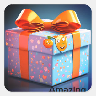 Cadeau met gezicht, emoji wow, oranje boog, hoge k vierkante sticker