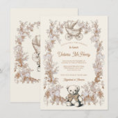 Cadeau neutrale teddybeer wandelwagen baby shower kaart (Voorkant / Achterkant)