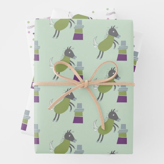 cadeau papier 3 vel paardjes groen roze (In situ)