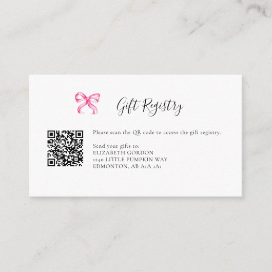 Cadeau Registry Roze Bow Baby shower QR Code Informatiekaartje (Voorkant)
