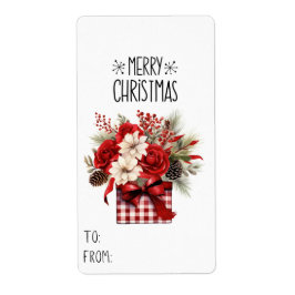 Cadeau Sticker rode rozen + poinsettias kerst