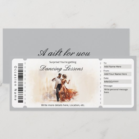 Cadeau van verrassingsbalzaal Danslessen Kaart (Voorkant / Achterkant)