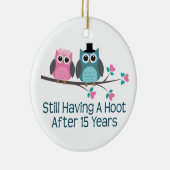 Cadeau voor 15th Wedding Jubileum Hoot Keramisch Ornament (Rechts)