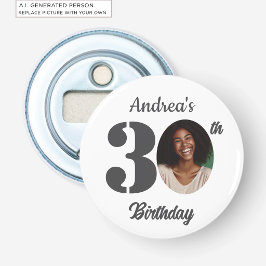 Cadeau voor 30e verjaardagsfeest met foto button flesopener