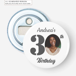 Cadeau voor 30e verjaardagsfeest met foto button flesopener
