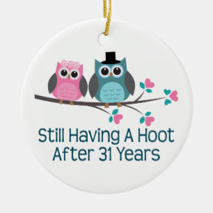 Cadeau voor 31st Wedding Jubileum Hoot Keramisch Ornament