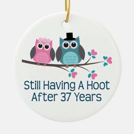 Cadeau voor 37th Wedding Jubileum Hoot Keramisch Ornament (Voorkant)