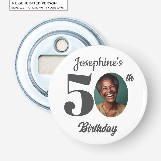 Cadeau voor 50ste verjaardagsfeest foto button flesopener