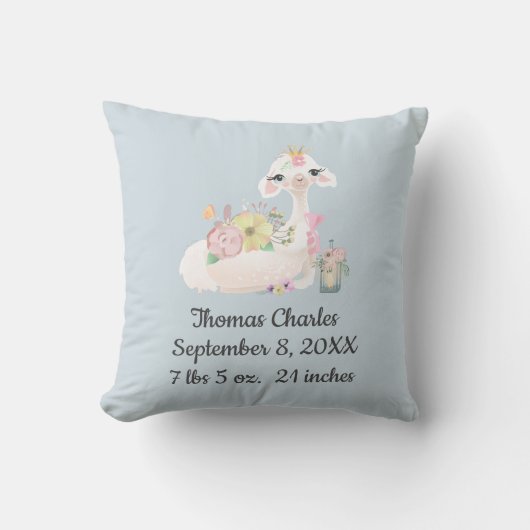Cadeau voor babyjongen met geboortegegevens in bla kussen (Voorkant)