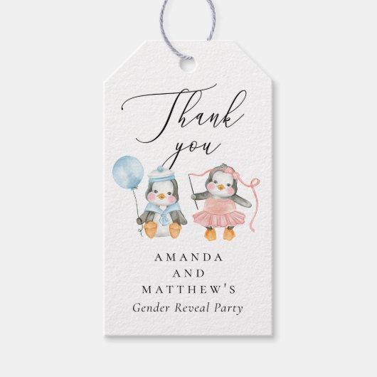 Cadeau voor geslacht bekendmaking. Mignons Pinguïn Cadeaulabel (Voorkant)