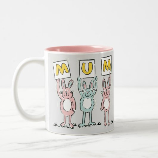 Cadeau voor het ontwerp van mum Fun Rabbits Tweekleurige Koffiemok (Links)