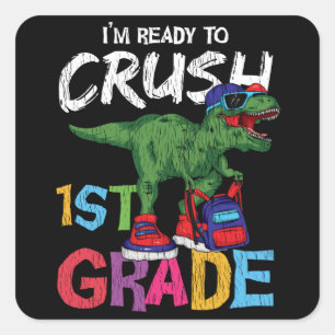 Cadeau voor leerling 1e klas dinosaurus terug naar vierkante sticker
