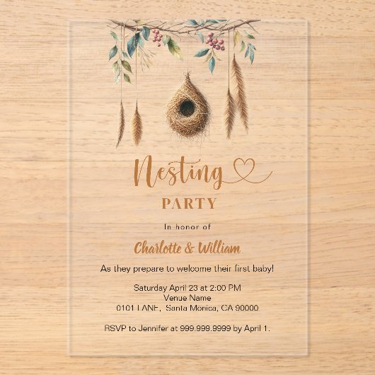 Cadeau voor nestelende vogels boho baby shower acryl uitnodigingen (Voorkant)