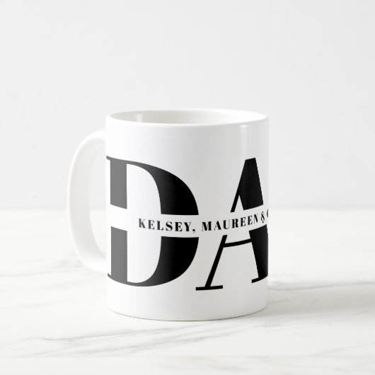 Cadeau voor vader met namen van kinderen koffiemok (Voorkant links)