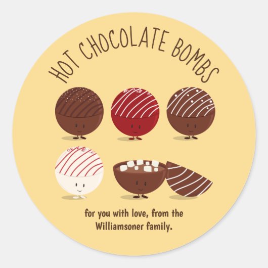 Cadeau warme chocoladebom met familienaam ronde sticker (Voorkant)