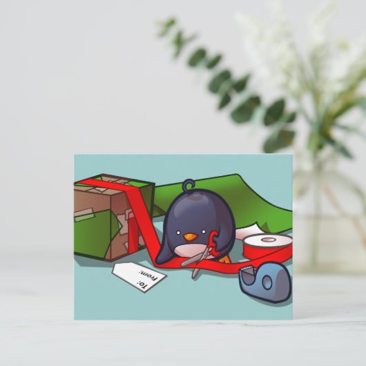 Cadeau-Wrapping Penguin Briefkaart (Staand voorkant)