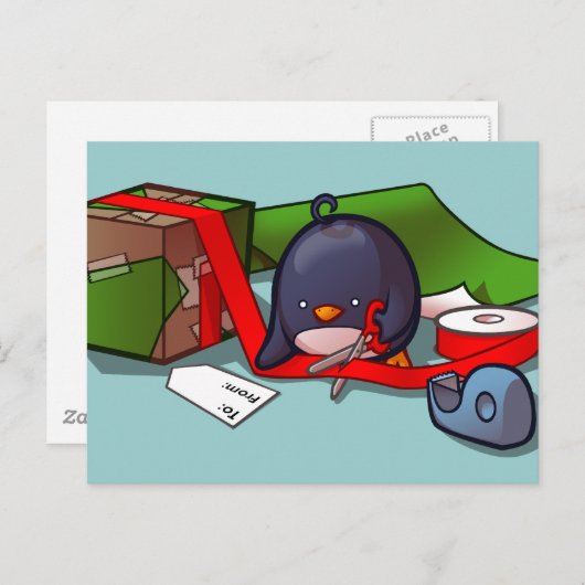 Cadeau-Wrapping Penguin Briefkaart (Voorkant / Achterkant)