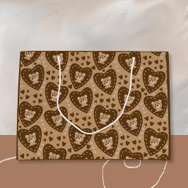 Cadeaubag met gezicht van berenwelp en bruin hartp groot cadeauzakje