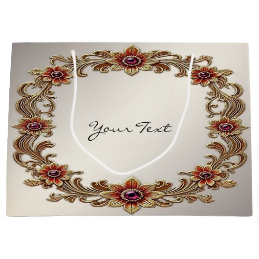 Cadeaubag met gouden bloemenframe en rode stenen groot cadeauzakje (Voorkant)