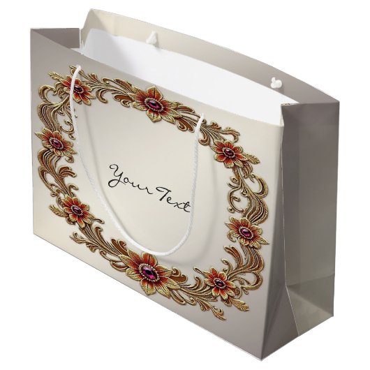 Cadeaubag met gouden bloemenframe en rode stenen groot cadeauzakje (Achterkant Gekanteld)
