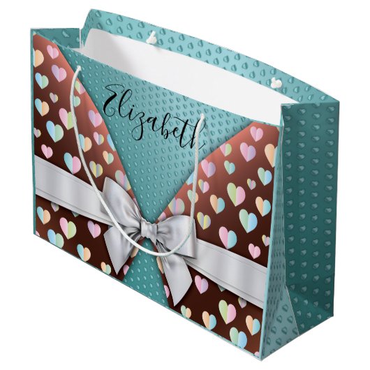 Cadeaubag met strik en hartspikkels groot cadeauzakje (Achterkant Gekanteld)