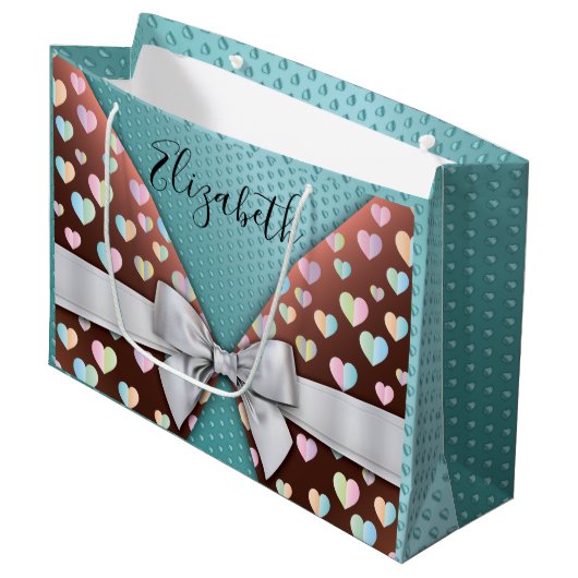 Cadeaubag met strik en hartspikkels groot cadeauzakje (Voorkant Gekanteld)