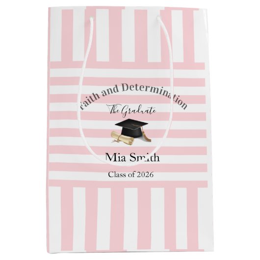 Cadeaubags Roze Witte Streep Afstuderen 2026 Medium Cadeauzakje (Voorkant)