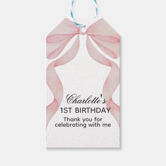 Cadeauband Roze Strik 1e Verjaardag Cadeaulabel (Voorkant)