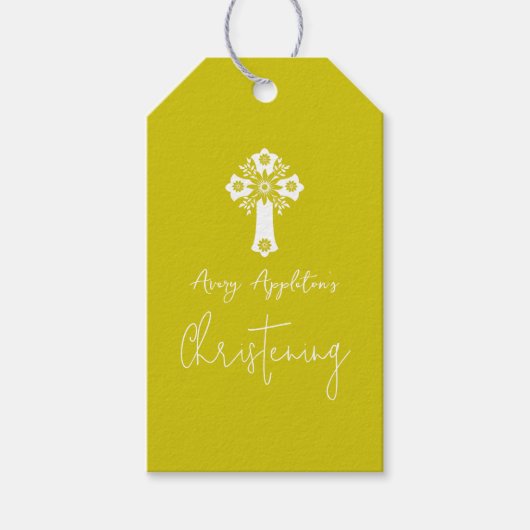 Cadeaubijslage Bloemkruis Doop Geel Cadeaulabel (Voorkant)