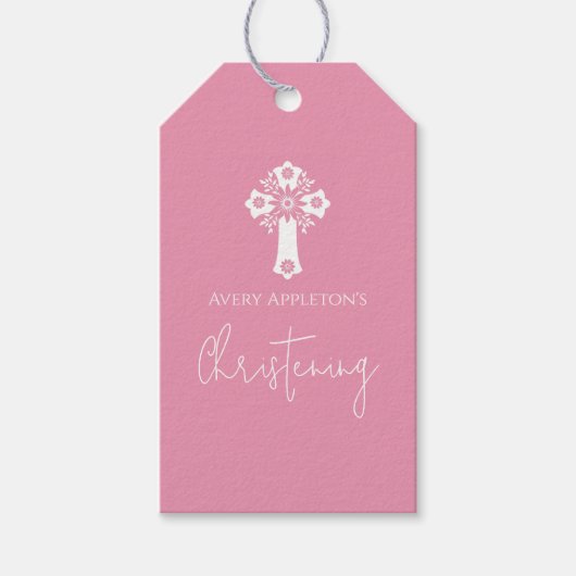 Cadeaublaadjes Bloemkruis Doop Roze Cadeaulabel (Voorkant)