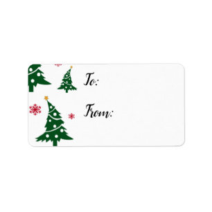 Cadeaublaadjes met dansende groene kerstbomen etiket
