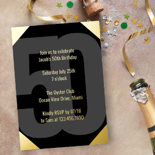 Cadeaubon 50e verjaardag luxe zwart en goud folie uitnodiging
