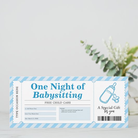 Cadeaubon Babysitting Service Blauw Kaart (Staand voorkant)