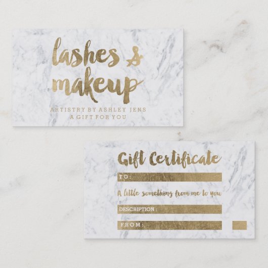 Cadeaubon chique gouden wimpers make-up marmer kortingskaartje (Voorkant / Achterkant)