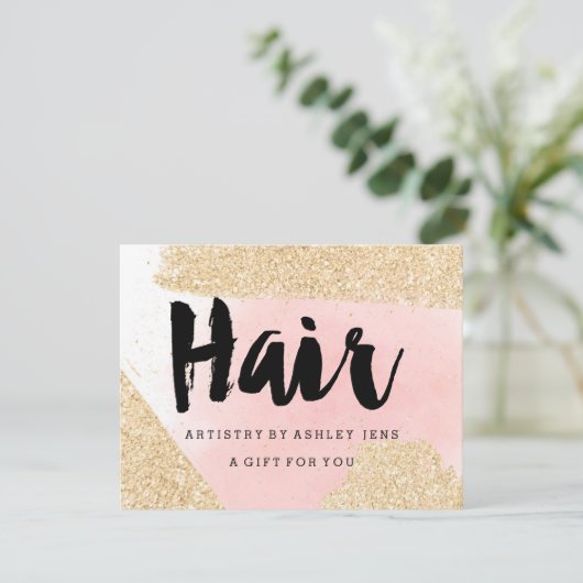 Cadeaubon goud glitters roze haar script (Staand voorkant)
