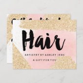 Cadeaubon goud glitters roze haar script (Voorkant / Achterkant)