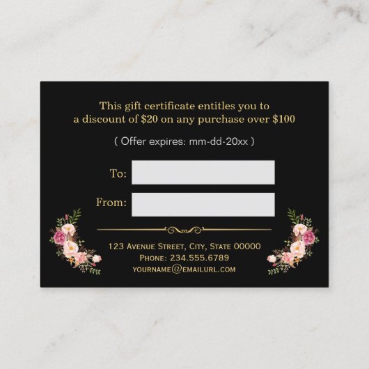 Cadeaubon Gouden Bloem Zwart Wit Strepen Kortingskaartje (Achterkant)