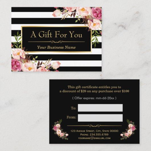 Cadeaubon Gouden Bloem Zwart Wit Strepen Kortingskaartje (Voorkant / Achterkant)