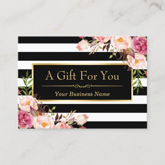 Cadeaubon Gouden Bloem Zwart Wit Strepen Kortingskaartje (Voorkant)