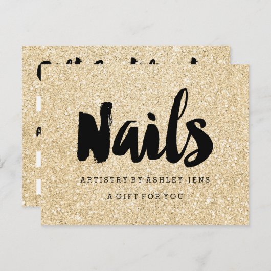Cadeaubon gouden glittersparel nagels script (Voorkant / Achterkant)